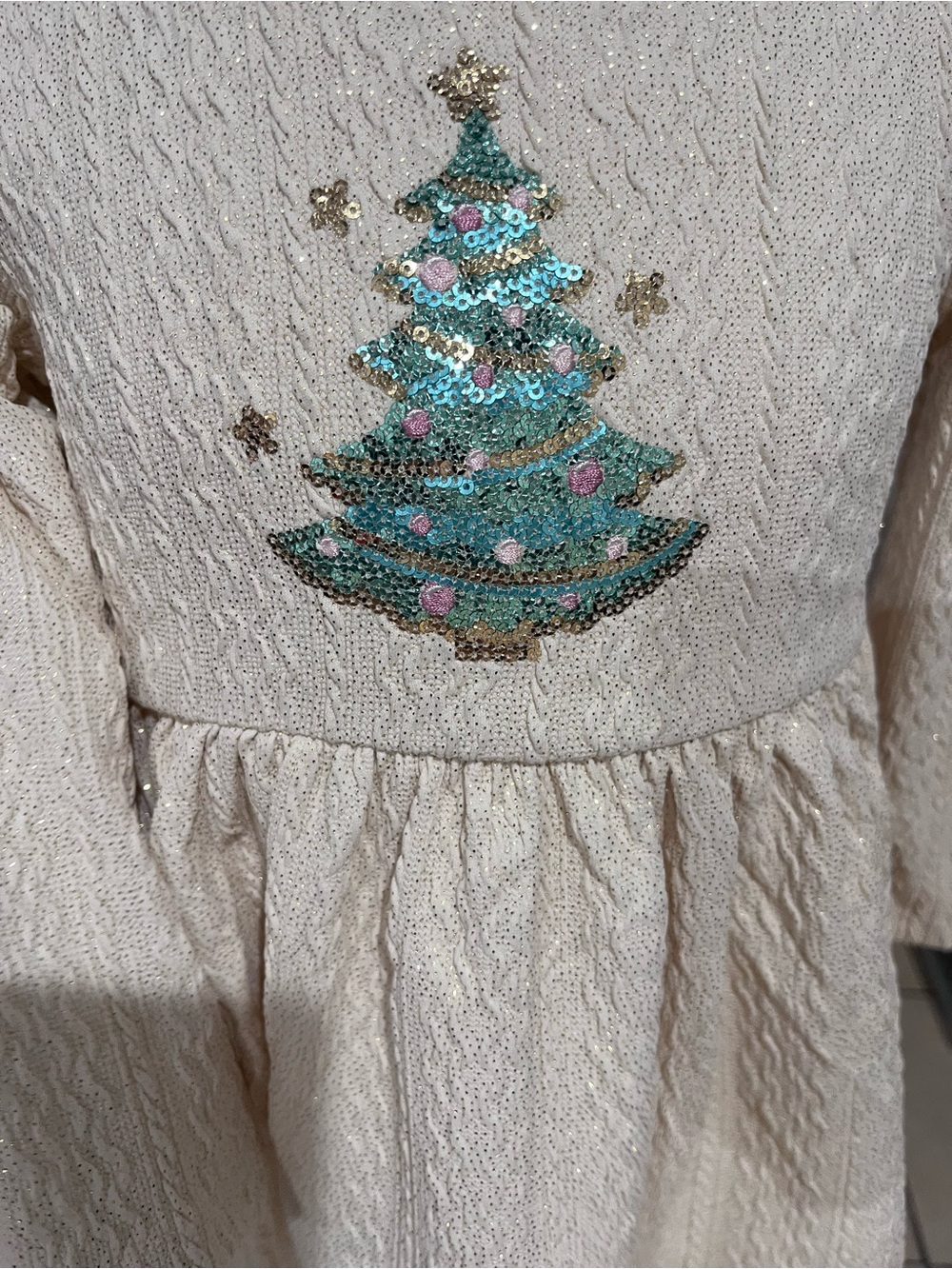 lilt Cream Holiday Dress with Sequin Teal Christmas Tree